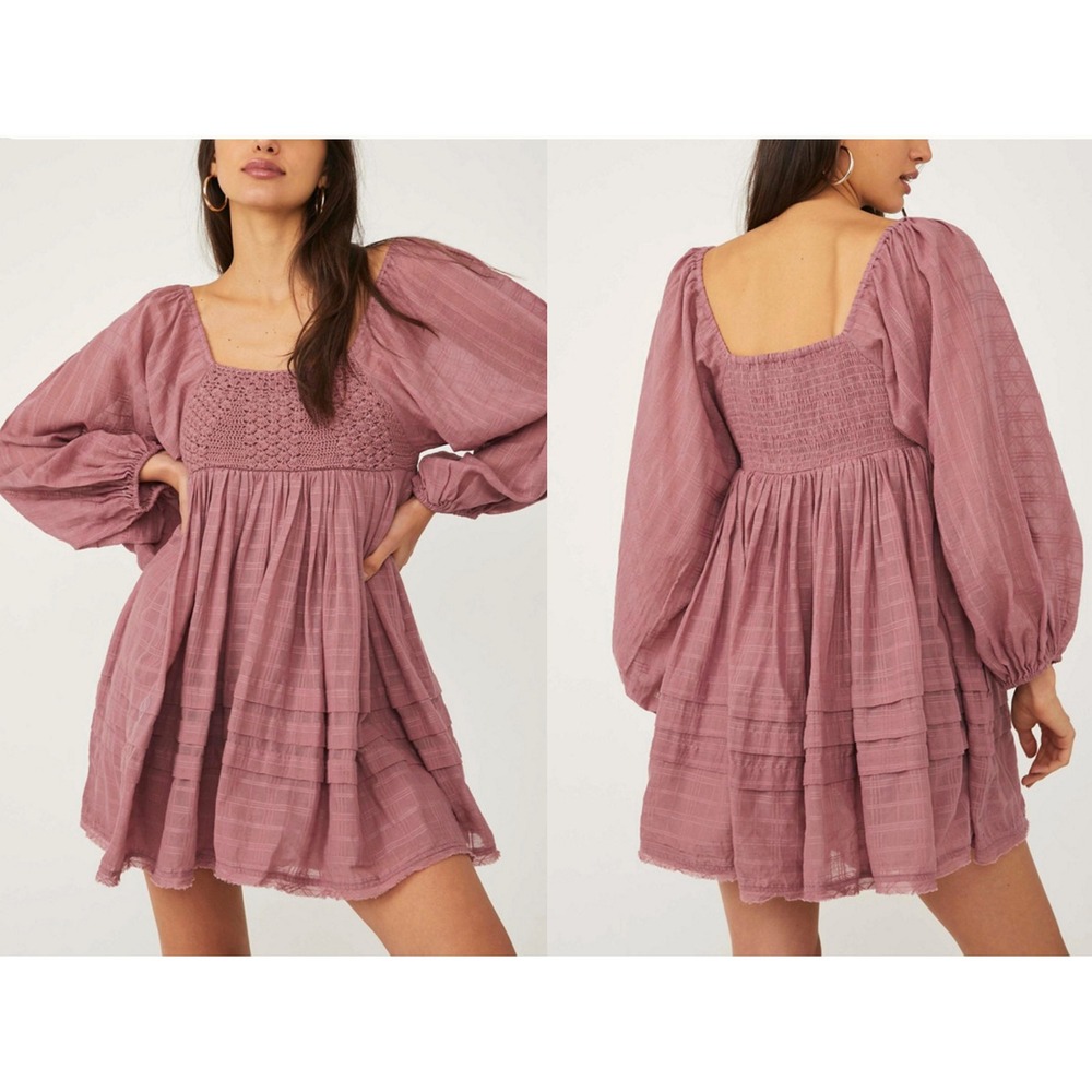Free People Crochet Lace Smocked Back Mini Dress Mauve Rose Cotton Small